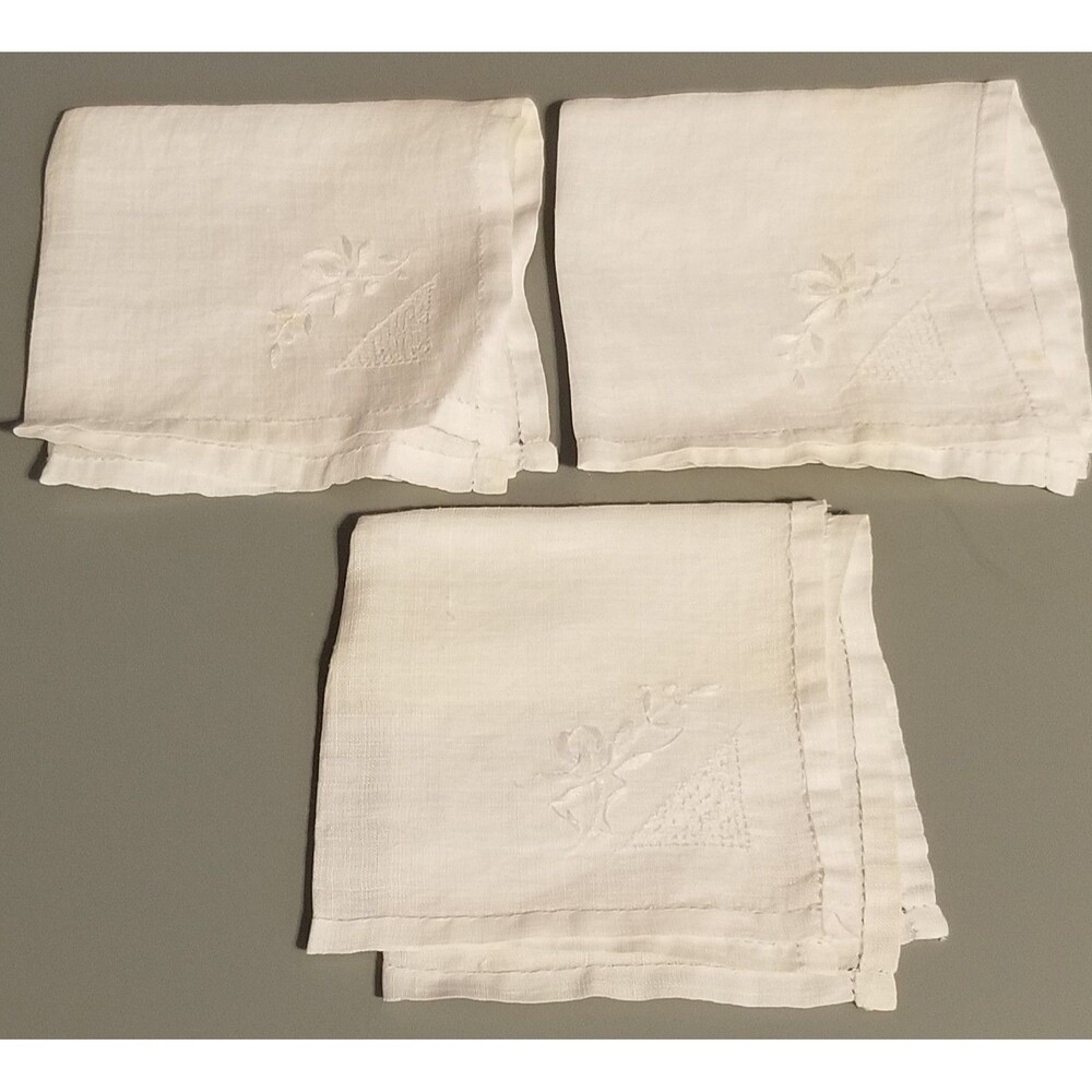 Set of 3 Vintage Embroidered White Linen Handkerchiefs